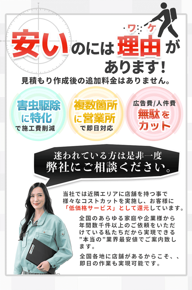 安いのには理由があります！見積もり作成後の追加料金はありません。ハチ駆除・害虫駆除に特化で施工費削減｜複数箇所に営業所で即日対応｜広告費｜人件費無駄をカット。迷われている方は是非一度弊社にご相談ください。